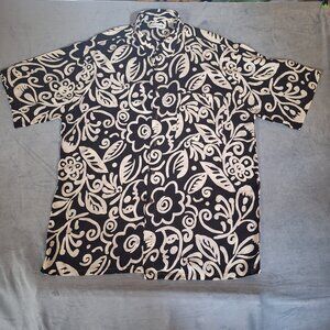 Vintage Pierre Cardin Men LG Black and White Floral Hawaiian Short Sleeve Shirt